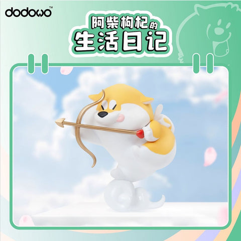 A Shiba Inu styled as Cupid, floating on white clouds. The puppy holds a golden bow with a red-tipped arrow, wings and tail curled, against a bright blue sky with petals.