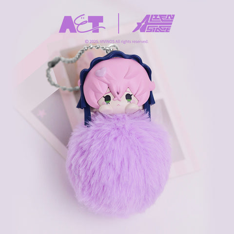 Plush keychain figure featuring Mizi from Alien Stage, designed with a chibi-style character head resting atop a fluffy lavender pom-pom body. The figure has pastel pink hair, soft facial expression, and a silver ball chain attachment, photographed against a light background with star accents.