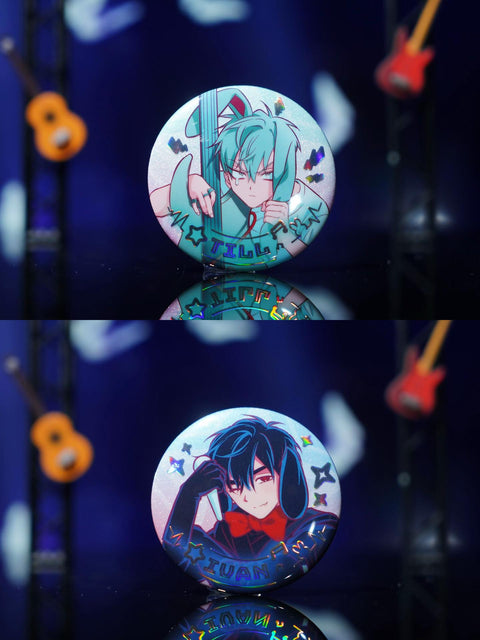 Individual shots of the Till and Ivan badges, displaying their rabbit-themed designs and the light-catching glitter texture.