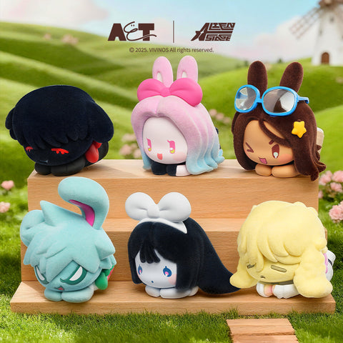 A set of 6 Alien Stage Rabbit Series figures, featuring characters like Till, Ivan, and Mizi in soft-textured rabbit costumes on a wooden display.