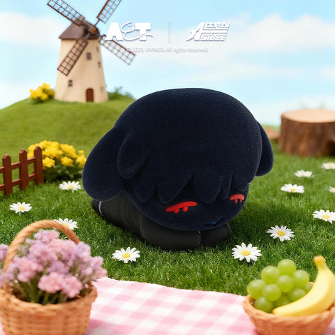 A dark, navy-furred rabbit figure with striking red eyes, kneeling in a flower-filled meadow next to a picnic basket of grapes and bananas.
