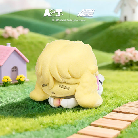 A yellow-furred rabbit figure with a pensive expression, kneeling on a grassy path near a small purple toy house.