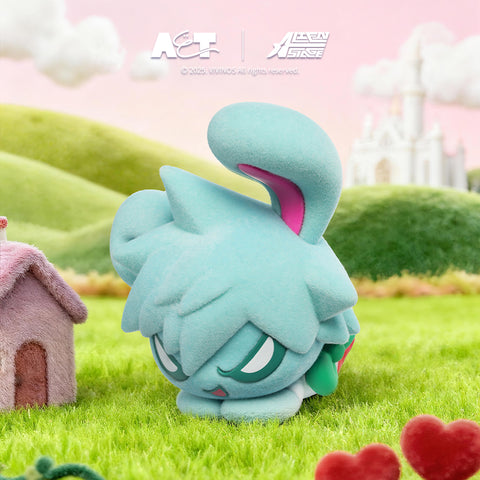 A vibrant teal rabbit figure with an intense expression and a tall, curved ear, kneeling in a green field with red hearts in the foreground.