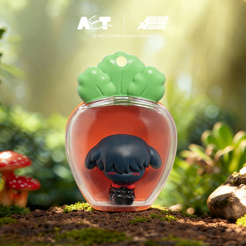 Chibi Ivan figure with dark hair and closed eyes, resting inside a radish pod on a dark, earthy forest floor surrounded by red mushrooms.