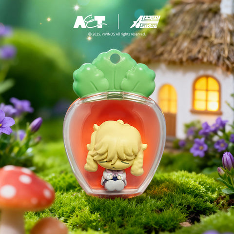 Chibi Luka figure with blonde hair and a pensive expression, encased in a glowing radish pod sitting in a lush green mossy garden.