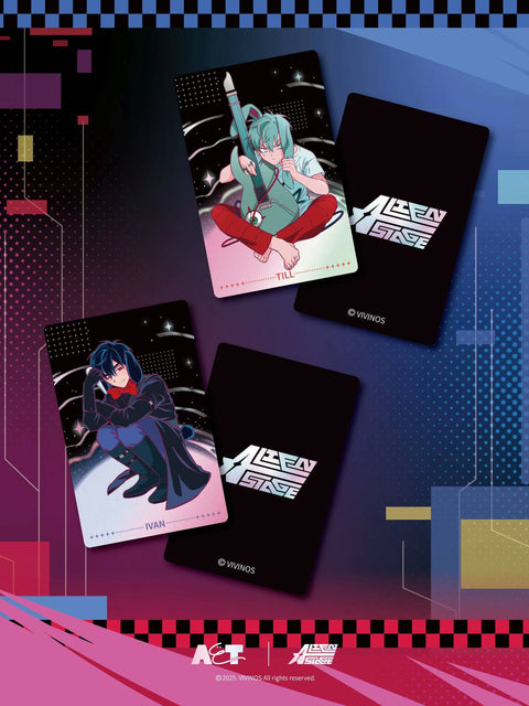 Close-up display of the cards for Ivan (wearing a red bow and black rabbit ears) and Till (holding a signature guitar with green rabbit ears).