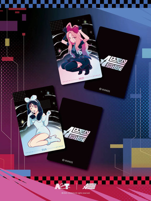 Featured cards for Sua (in a light blue rabbit kigurumi) and Mizi (adjusting her pink rabbit ears with heart accents).