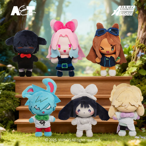 A group photo of all six characters Till, Ivan, Hyuna, Mizi, Sua, and Luka reimagined as soft vinyl and wool plush figures in a lush, magical forest setting.