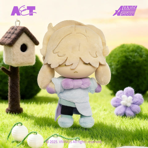 A cream colored plush Luka with a peaceful expression and purple bowtie, standing next to a birdhouse and a large purple flower.
