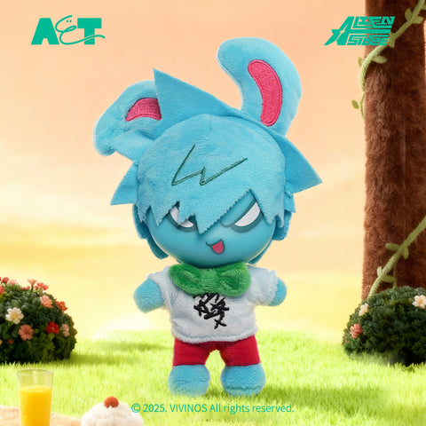A teal colored plush Till with a defiant expression and small green bowtie, standing in a golden meadow at sunset.