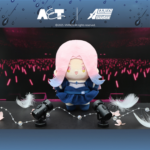 Mizi featured with signature pink-to-blue gradient hair and a navy stage outfit, posed amidst white feathers and stage lights.