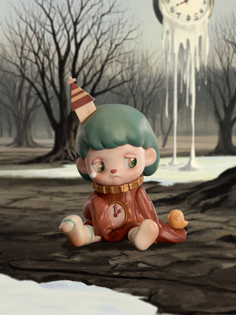 A melancholic figure sits on cracked ground in a barren forest with a melting clock in the distance. Wearing a brown sweater patterned with Roman numerals and a snail shell detail, the character has drooping eyes filled with subtle sorrow. A striped house-like ornament rests on its head, symbolizing distorted time and fading fairytale illusions.