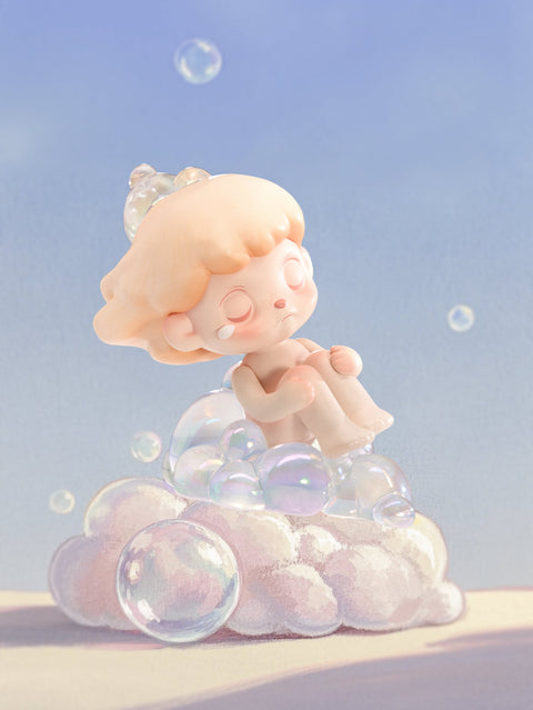 A dreamy character rests peacefully on a soft pile of translucent bubbles shaped like a cloud, floating in a pale sky. With closed eyes, soft blond hair, and a gentle expression, the figure embodies innocence and fragility. The pastel tones and delicate spheres enhance the ethereal, surreal atmosphere of a fragile fairytale dreamscape.