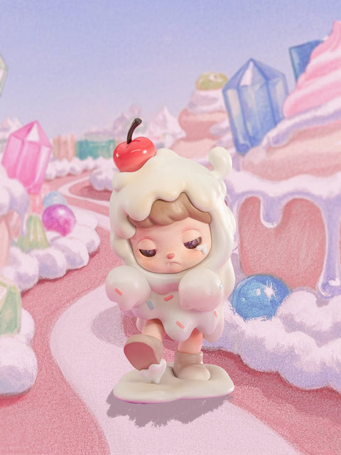 A figure cloaked in creamy white, topped with sprinkles and a cherry, trudges down a pastel candy-land road. Its costume resembles melting ice cream, dripping with sweetness yet weighed down by sorrow. With half-lidded eyes and a weary stance, the character conveys a mix of indulgence and melancholy, turning dessert imagery into a bittersweet fairytale allegory.