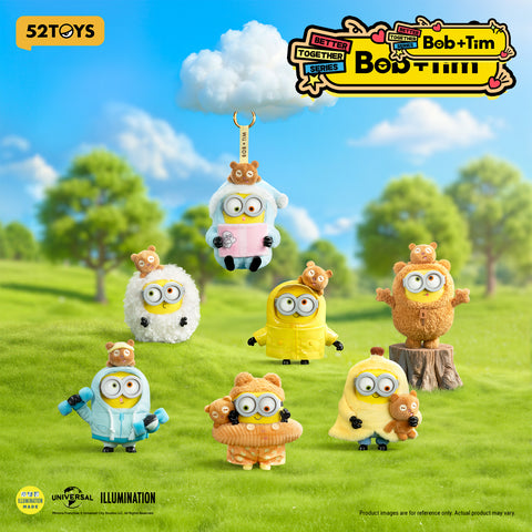 A collection of 7 Minion Bob and bear Tim plush figures from the Better Together Series, displayed in various outfits on a grassy hill under a blue sky.