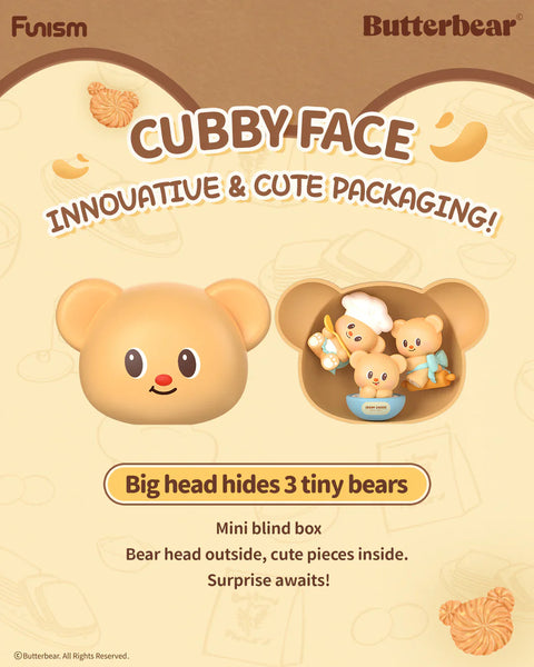 Promotional image for Butterbear Baked With Love Series Cubby Face blind box, highlighting innovative packaging. A large round bear head opens to reveal three miniature baking-themed figures hidden inside. The design emphasizes surprise, cuteness, and collectible charm.