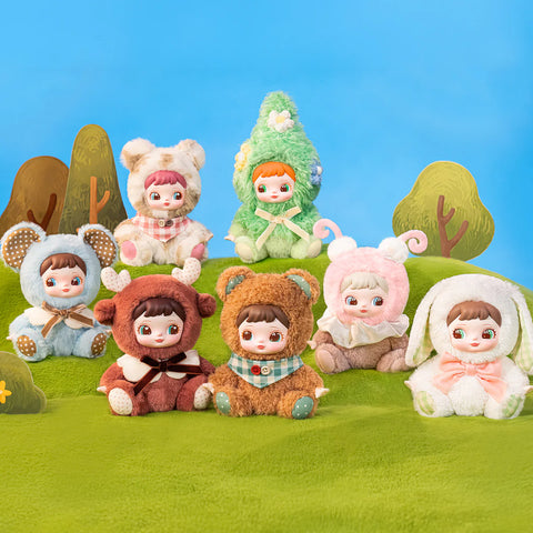A magical collection of 6 Rolife Charline plush figures and 1 rare secret, displayed as bag charms with metal clips. Each figure features a vinyl face dressed in a whimsical forest animal costume.