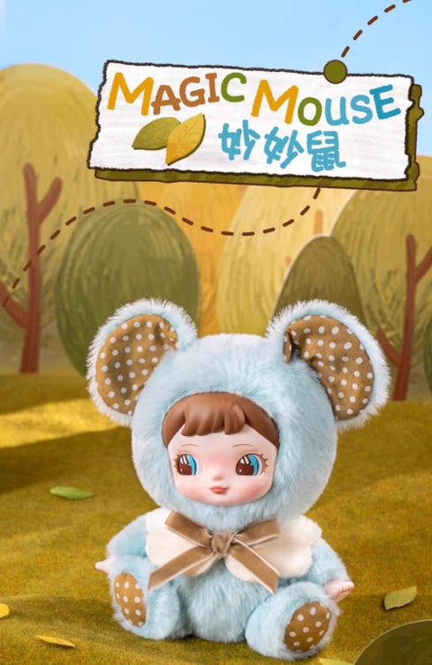 Charline in a grey mouse costume with large circular ears and a whimsical, magical forest theme.