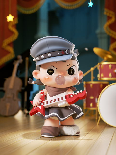 The Punk Bandsman wears a grey military-style cap and skirt, blowing a pink bubblegum bubble while gripping a bright red star-shaped electric guitar. With an intense frown and flushed cheeks, they strike a bold pose. The stage behind is lit dramatically with a cello and drum set, reinforcing their rebellious rock persona.