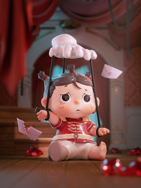 The Puppet Emperor wears a red soldier’s outfit with golden accents, arms raised as white puppet strings control them from above. Their expression is distressed, with large watery eyes, as they sit on the stage surrounded by scattered red gemstones. The dramatic backdrop of velvet curtains enhances the tragic puppet imagery.