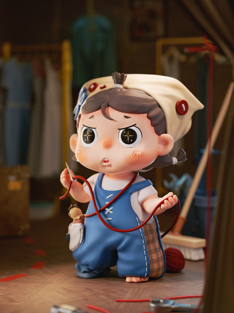 The Costumer figure is dressed in blue overalls with button details and carries a pouch of sewing supplies at their waist. They hold red thread stretched between hands, looking surprised and overwhelmed as if preparing costumes backstage. The background shows clothing racks, a broom, and props scattered about, emphasizing the busy theater environment.