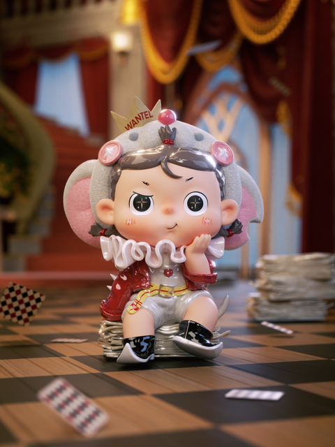 The Villain Rat King is styled with a crown marked “WANTED” and a dramatic red cape with a frilled white collar. Seated on a throne of stacked documents, they wear bold boots and a mischievous smirk. The checkered floor and lavish red-curtained hall give the impression of a cunning villain commanding the stage.