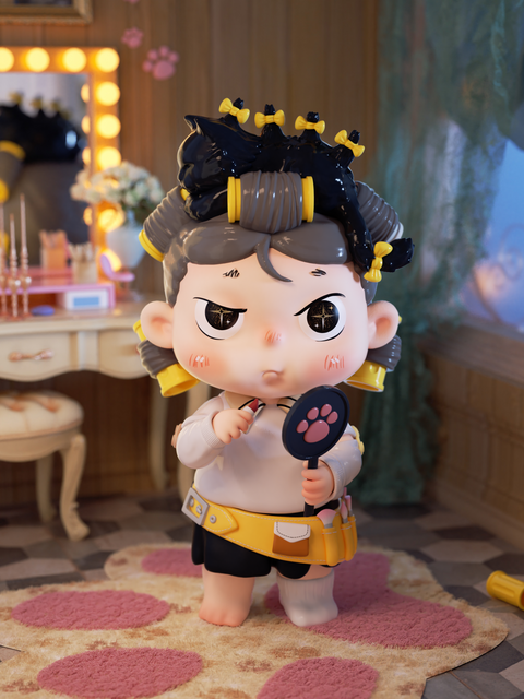 The Makeup Artist figure has elaborate hair styled with large black curls tied by yellow bows. They hold a black paw-print mirror in one hand and a makeup brush in the other, wearing a belt filled with cosmetic tools. The background is a vanity lit by glowing bulbs, creating a theatrical dressing room scene. Their expression is fierce, determined, and detail-oriented.