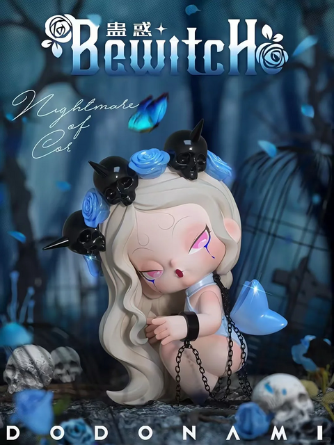 This DODO NAMI figurine, titled “Bewitch ,” depicts a pale, silver-haired character with closed eyes and violet tear streaks. She wears black shackles and chains, with a fragile-looking translucent blue wing on her back. Her crown is adorned with blue roses and black skulls with horns. The eerie forest graveyard background includes skulls, blue flowers, and a glowing butterfly, creating a haunting and sorrowful gothic fantasy atmosphere.