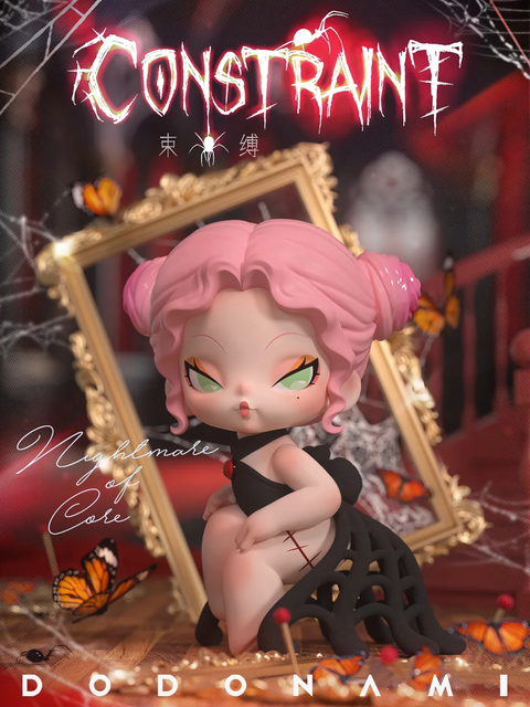This DODO NAMI figurine, titled “Constraint,” depicts a pink-haired character with intense green eyes, wearing a black spiderweb-inspired outfit. She sits confidently amid a scene filled with butterflies, pins, cobwebs, and a toppled gold frame. Surrounded by red lighting and shadowy details, the character’s expression and stitched leg add a sense of defiance and mystery, blending gothic charm with an eerie, theatrical atmosphere.