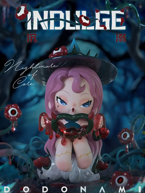 This DODO NAMI figurine, titled “Indulge,” showcases a pink-haired character in a dark forest, surrounded by eerie, eyeball-like flowers. She wears a spiked hat and holds a heart-shaped object dripping with red liquid, evoking a sense of forbidden desire. Her piercing blue eyes, confident pose, and gothic elements like thorns and tendrils create a mysterious and slightly sinister atmosphere within a surreal, dreamlike setting.