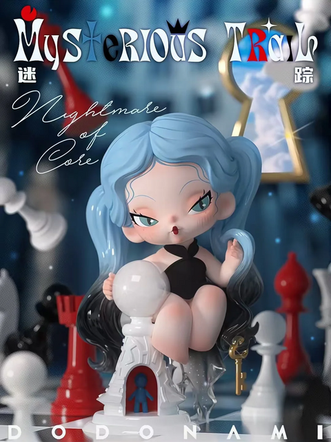 This DODO NAMI figurine, titled “Mysterious Trail,” features a blue-haired character in a black outfit, sitting atop a white chess pawn with a miniature blue figure inside. The scene is set on a surreal chessboard with red and black pieces and a large golden keyhole revealing a sky beyond. A gold key dangles from the character’s waist, while her confident expression and playful pose evoke a whimsical yet enigmatic vibe, blending dreamlike fantasy with puzzle-like intrigue.