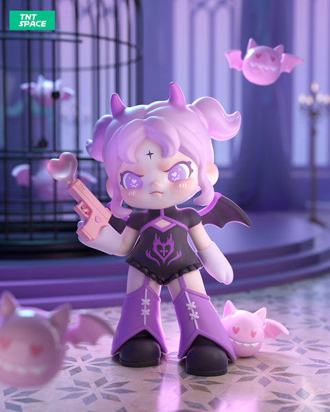 A 3D-rendered Dora figurine stands in a gothic, purple-lit castle, exuding a mischievous and rebellious aura. She has lavender hair styled in twin buns with small horns, starry purple eyes, and a determined expression. Wearing a black and purple outfit with bat wings, thigh-high boots, and a flame-like emblem, she holds a pink heart-shaped gun. Floating pink bat-like creatures surround her, while a large cage in the background hints at a mysterious, supernatural setting.