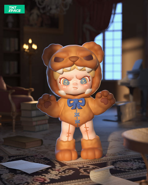 A 3D-rendered Dora figurine stands in a dimly lit, vintage study wearing a fierce-looking bear costume with clawed paws and a snarling hood. She has blonde hair peeking out, glowing star-shaped pupils, and an intense expression. The costume is adorned with blue bows and stitch-like details on her legs. Scattered papers, books, and a grand piano in the background add to the mysterious, slightly chaotic atmosphere, as if something just disrupted the quiet elegance of the room.