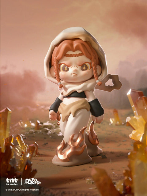 Dora Material Vistas Series figure "Blaze," a fiery character with braided red hair, flame motifs on clothing, and glowing yellow eyes, posed among crystalline orange rocks.