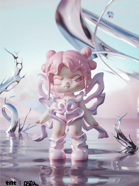 Dora Material Vistas Series figure "Change," with flowing blonde hair, white dress accented by purple cape, and starry eyes, standing on a rocky purple planet surface with floating meteors.