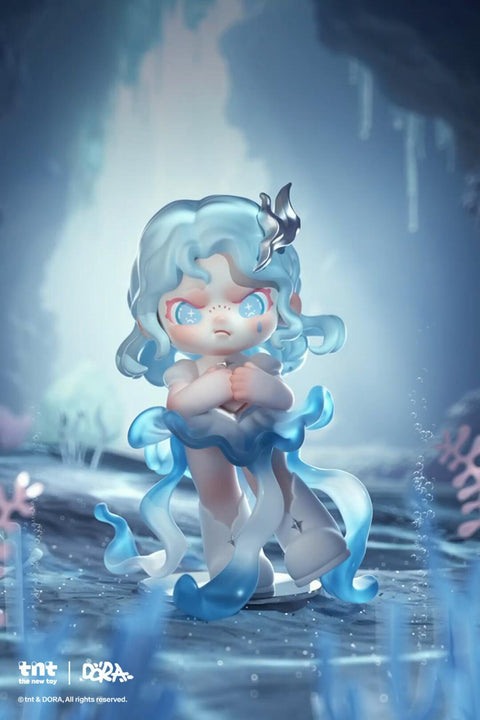 Dora Material Vistas Series figure "Drift," an ocean-inspired character with light blue flowing hair, translucent tentacle-like skirt, and starry eyes, standing in an underwater cave scene.