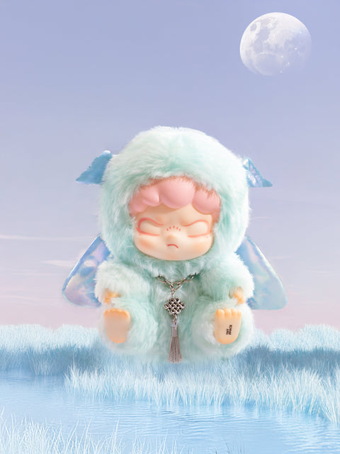 Dreamy mint‑blue plush with iridescent winglets floats above a mirrored marsh. Eyes closed in calm, the figure wears a tasseled silver knot necklace as a pale moon hangs in a lavender sky, evoking a peaceful, otherworldly night flight.