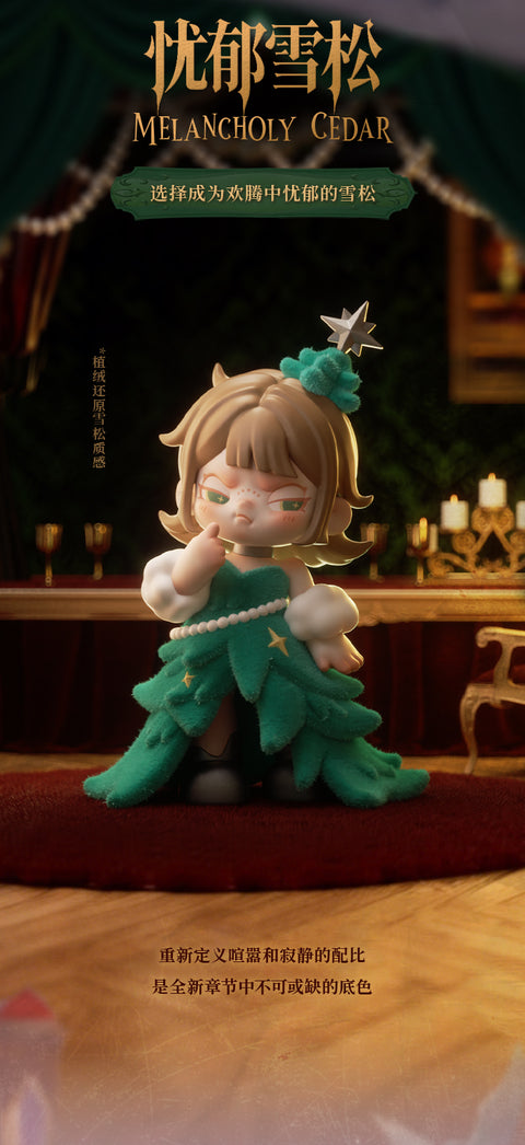 Dora wearing a dark green, tiered flocked gown designed to look like a Christmas tree, complete with a silver star headband.