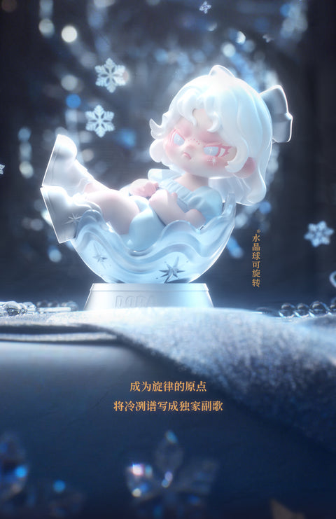 A serene figure of Dora reclining in a translucent, crystalline cradle decorated with etched snowflake patterns.