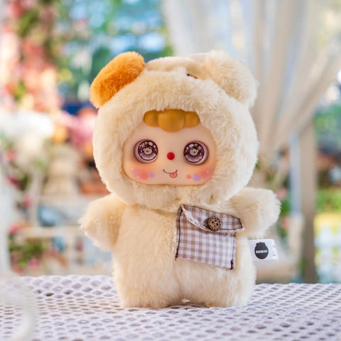 Piggy Doubao plush dressed in a cream fuzzy pig suit with floppy ears and a side satchel bag. It has round pig-reflected eyes, rosy cheeks, and a tiny pout, radiating playful barnyard charm as part of the whimsical animal science collection lineup.