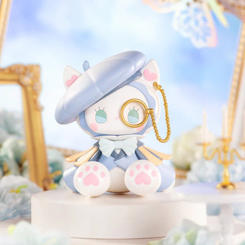 A charming figurine from the "Emma Secret Forest: Beloved Series" sits elegantly in a pastel-colored setting. The character has cat-like features, wearing a soft blue beret, a matching bow, and golden wing accents. A delicate gold monocle with a chain adds a sophisticated touch. Pink heart-shaped paw pads enhance its adorable look. The dreamy background features ornate golden frames, soft blue flowers, and glowing candles, creating an ethereal, vintage-inspired atmosphere.