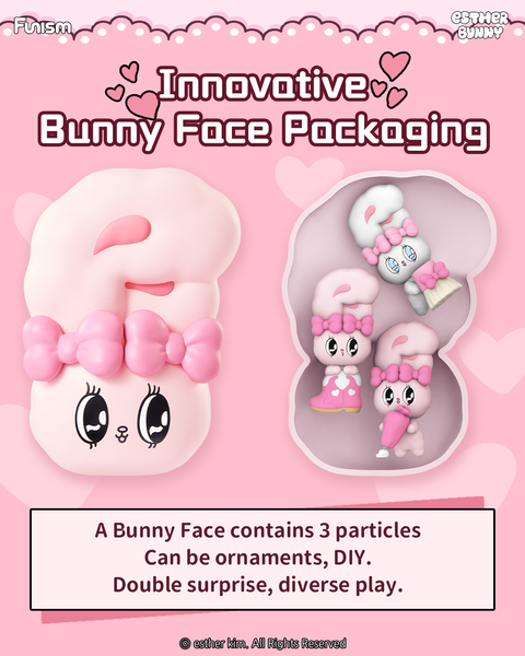 Promotional image showing the Esther Bunny Little Vlog Bunny Face Series innovative packaging design. The package is shaped like a large pastel pink bunny face with oversized ears and bow. On the right, the opened case reveals three smaller Esther Bunny figures inside, including ones styled with lipstick, skirts, and boots. The text highlights the packaging as multifunctional, collectible, and DIY-friendly with double surprise play value.