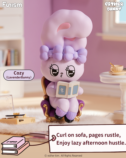 A lavender-colored bunny named Lavender Bunny sits cross-legged in a golden chair reading a book. The bunny wears a lilac bow and matching slippers, surrounded by a record player, teacup, and warm sunlight. The background features purple walls and tidy shelves in soft focus.