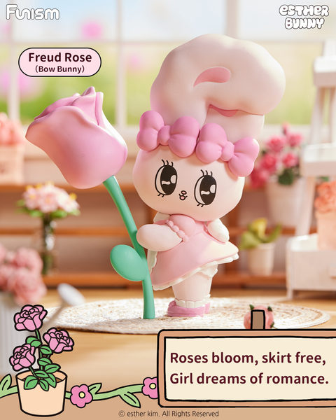 A pink and white bunny figure named Bow Bunny poses beside a large pastel rose. The bunny wears a pink dress and matching bow, standing on a lace mat with sunlight streaming through the background. The scene is filled with soft pink flowers and dreamy romantic tones.