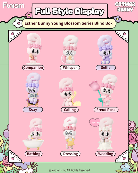 Nine Esther Bunny collectible figures from the Young Blossom Series are displayed on a pink background. Each version—Bathing, Dressing, Cozy, Calling, Companion, Whisper, Selfie, Freud Rose, and Wedding—is shown with matching pastel outfits and detailed accessories.