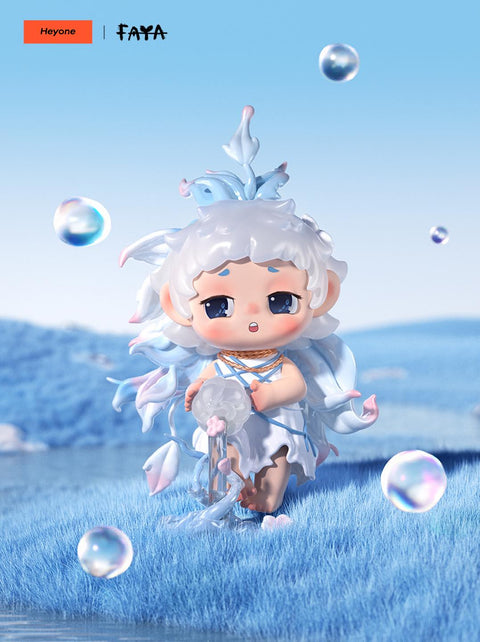 FAYA Flow of Life figure pours water from a vessel, adorned with flowing blue and white hair, embodying renewal, nature, and vitality.