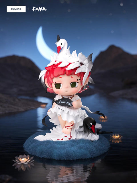 Swan Waltz figure with red hair and swan details sits gracefully, surrounded by black and white swans, blending elegance and sorrow.