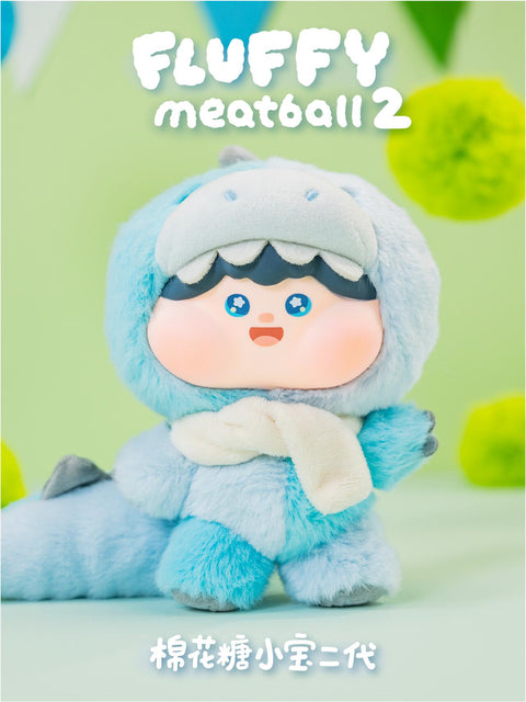 Plush figure dressed as a blue dragon with a big tail, fuzzy suit, and a white scarf tied neatly around its neck. Its round face and starry blue eyes bring a soft, magical touch, creating a cozy mix of fantasy and cuteness.