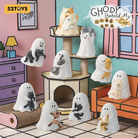 A group showcase of the Ghody ghosts and their feline companions arranged inside a charming, pop-up book style miniature living room featuring a cat tree and cardboard couch.