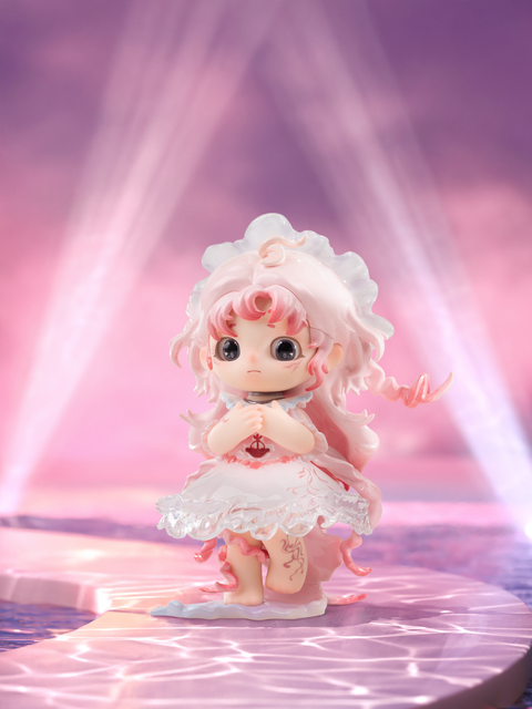 Crimson Moon’s Prayer figure from Joy Twinkling Starlights Series, dressed in a detailed pink and white gown with crescent motifs, pastel pink hair, and a soft celestial aura.